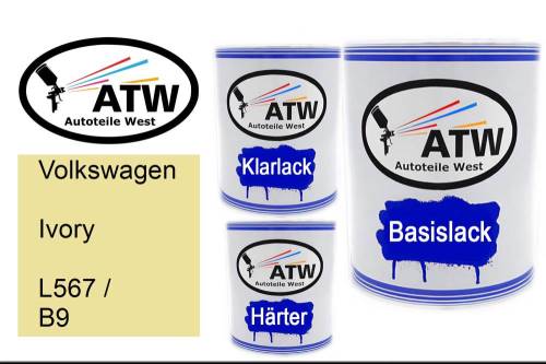 Volkswagen, Ivory, L567 / B9: 1L Lackdose + 1L Klarlack + 500ml Härter - Set, von ATW Autoteile West.